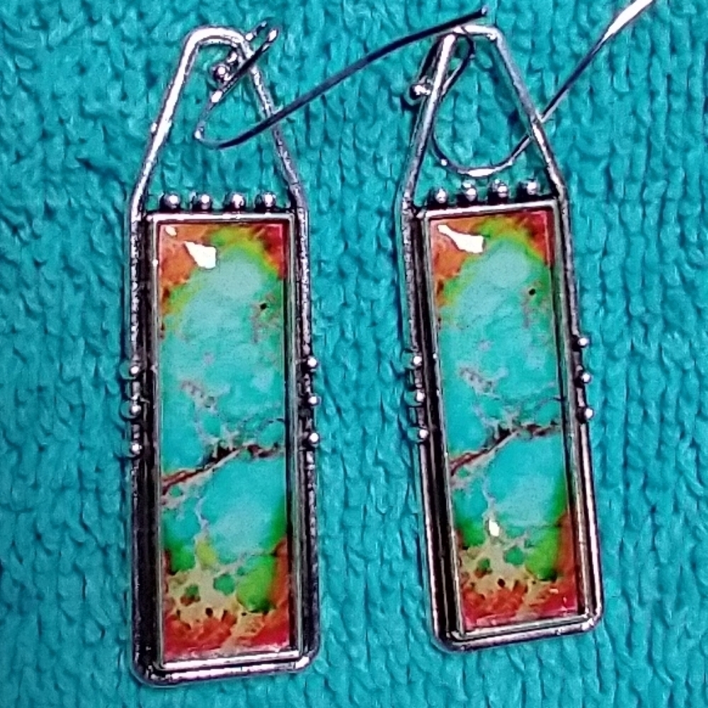 Turquoise and Orange Rectangular Wire Dangle Earrings